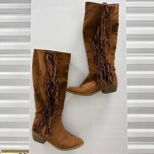 Brinley Co Brown Faux Suede Fringe Tall KneeHigh Boho Western Boots 9 CRB013-264